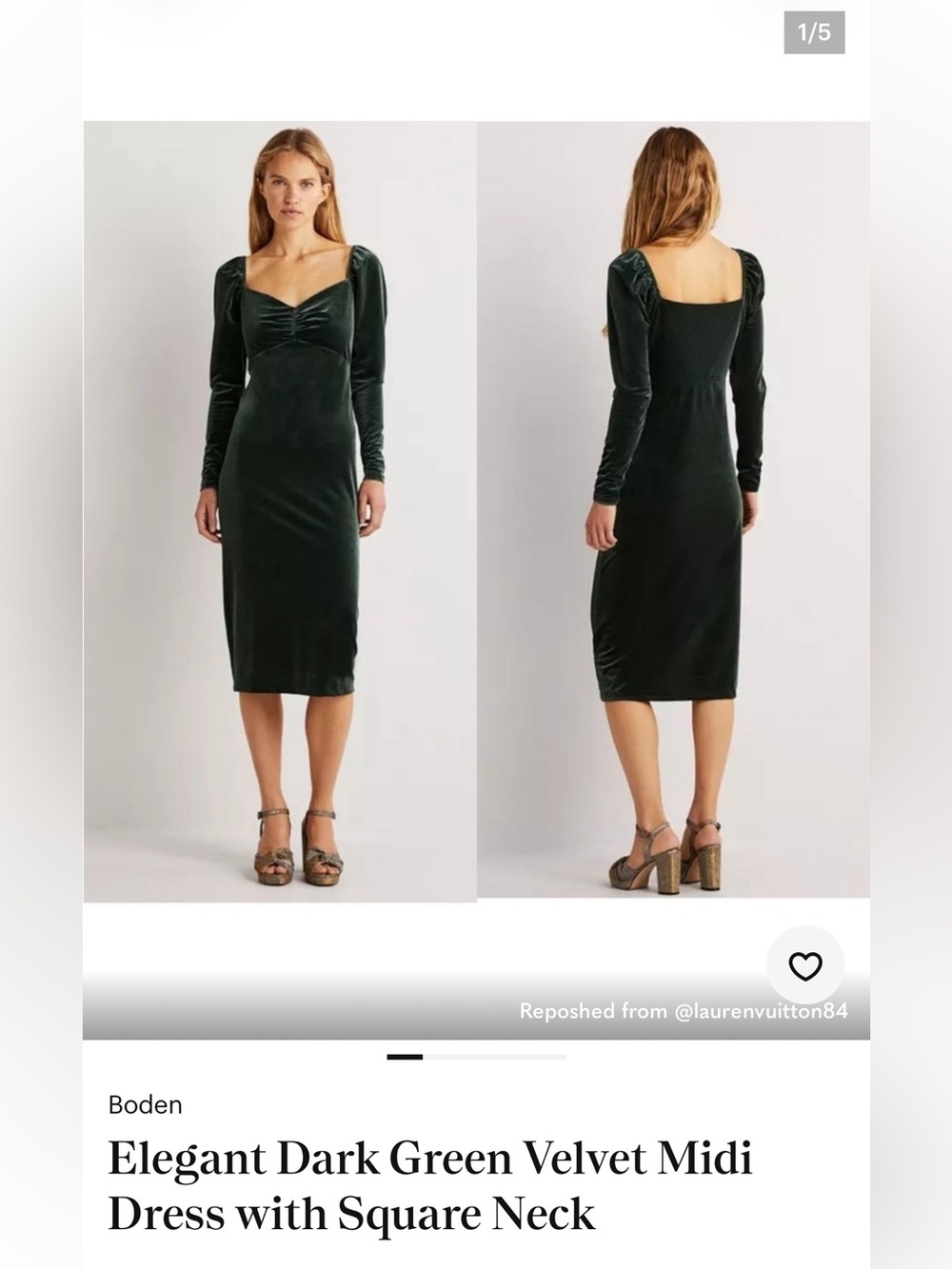 Boden Emerald Velvet Midi Dress with Square Neck